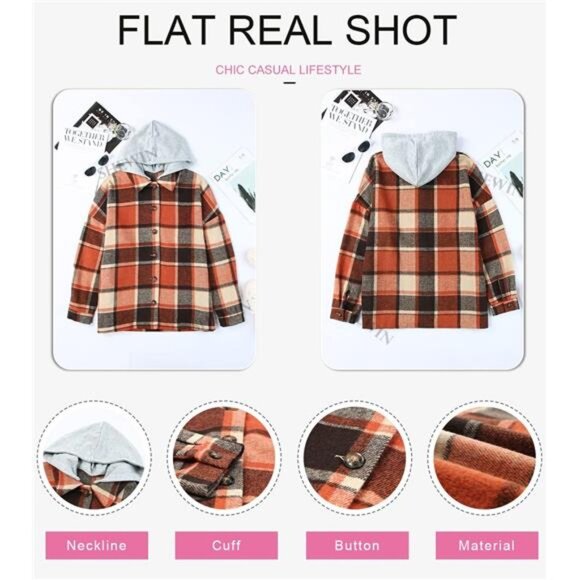 Womens Long Sleeve Button Down Plaid Shirts Flannel Hooded Shacket Jacket Hoodie - Picture 5 of 6